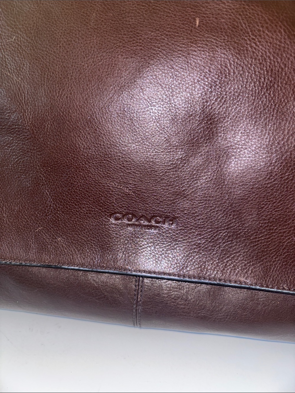 Coach Men's Brown Leather Messenger Bag with Stripe Strap - Picture 2 of 15